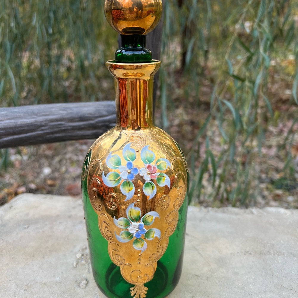 19th Century Gilt Glass Liquor Bottle ~Flower Decoration Pattern, France, 1960s